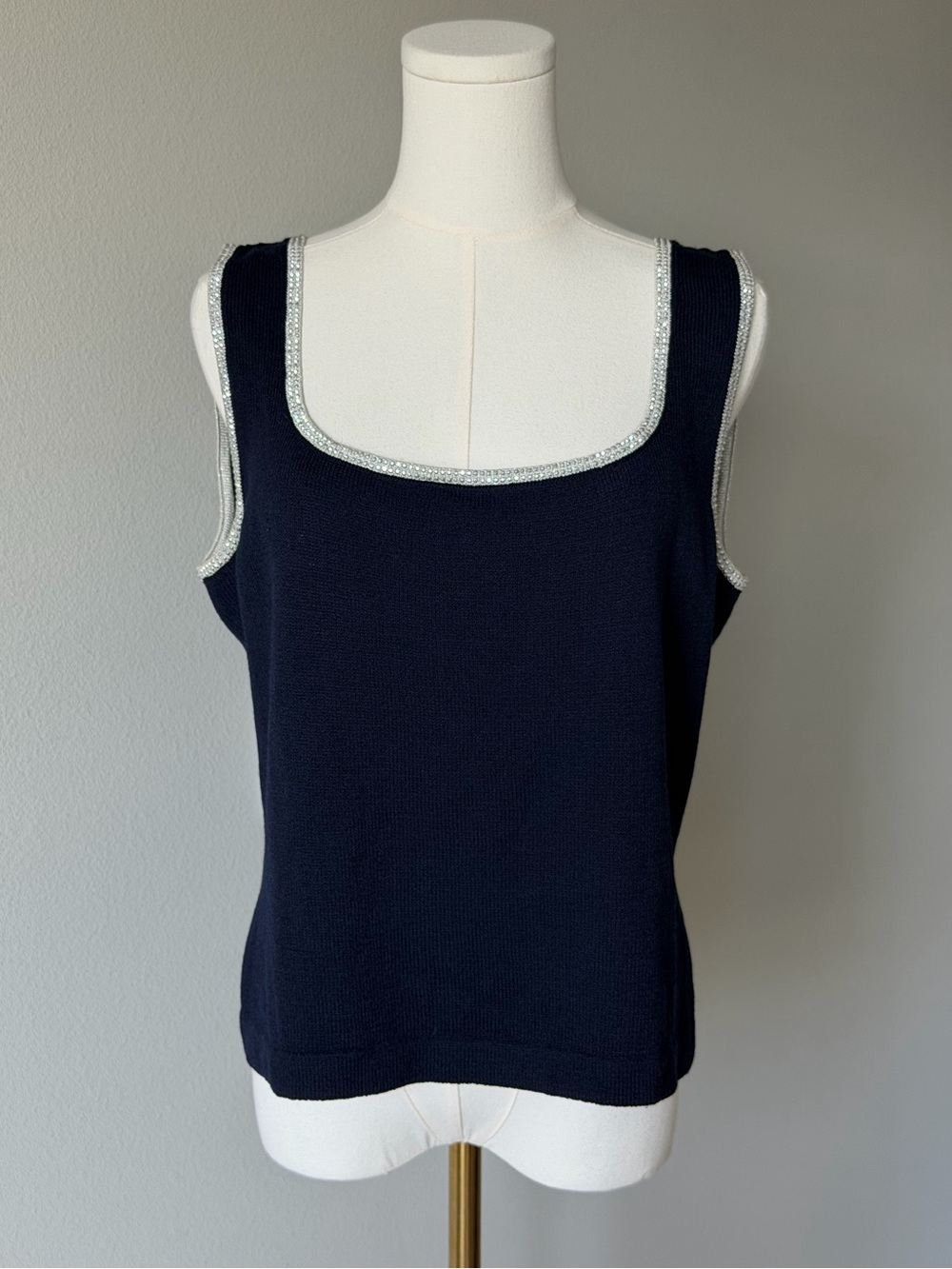 St. John Navy Santana Knit Square Neck Tank Top Silver Metallic Studded Trim